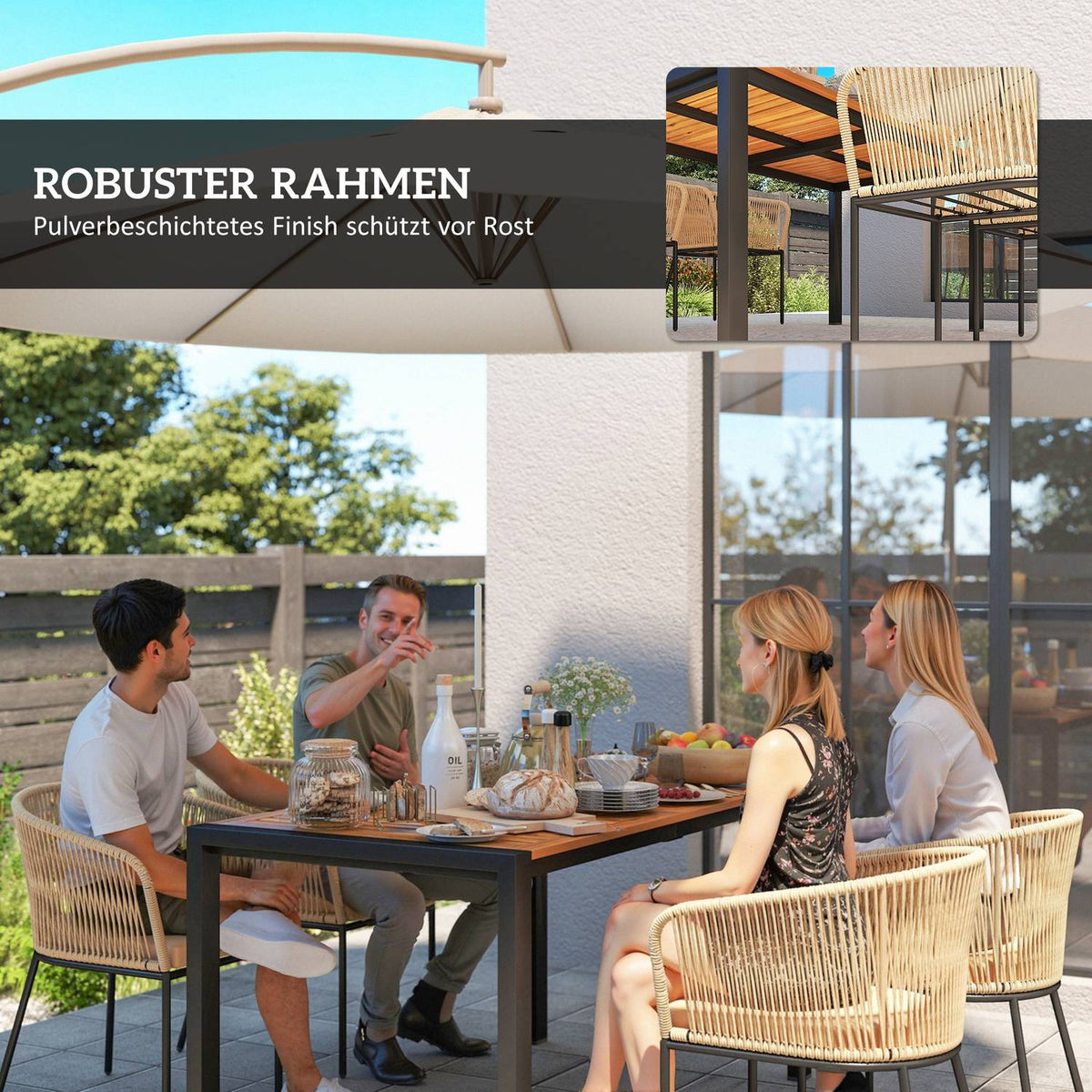 5-piece polyrattan garden furniture set for 4 people, weatherproof balcony furniture with table, 4 chairs, removable seat cushions, outdoor patio furniture lounge set for balcony, garden, natural wood + khaki |