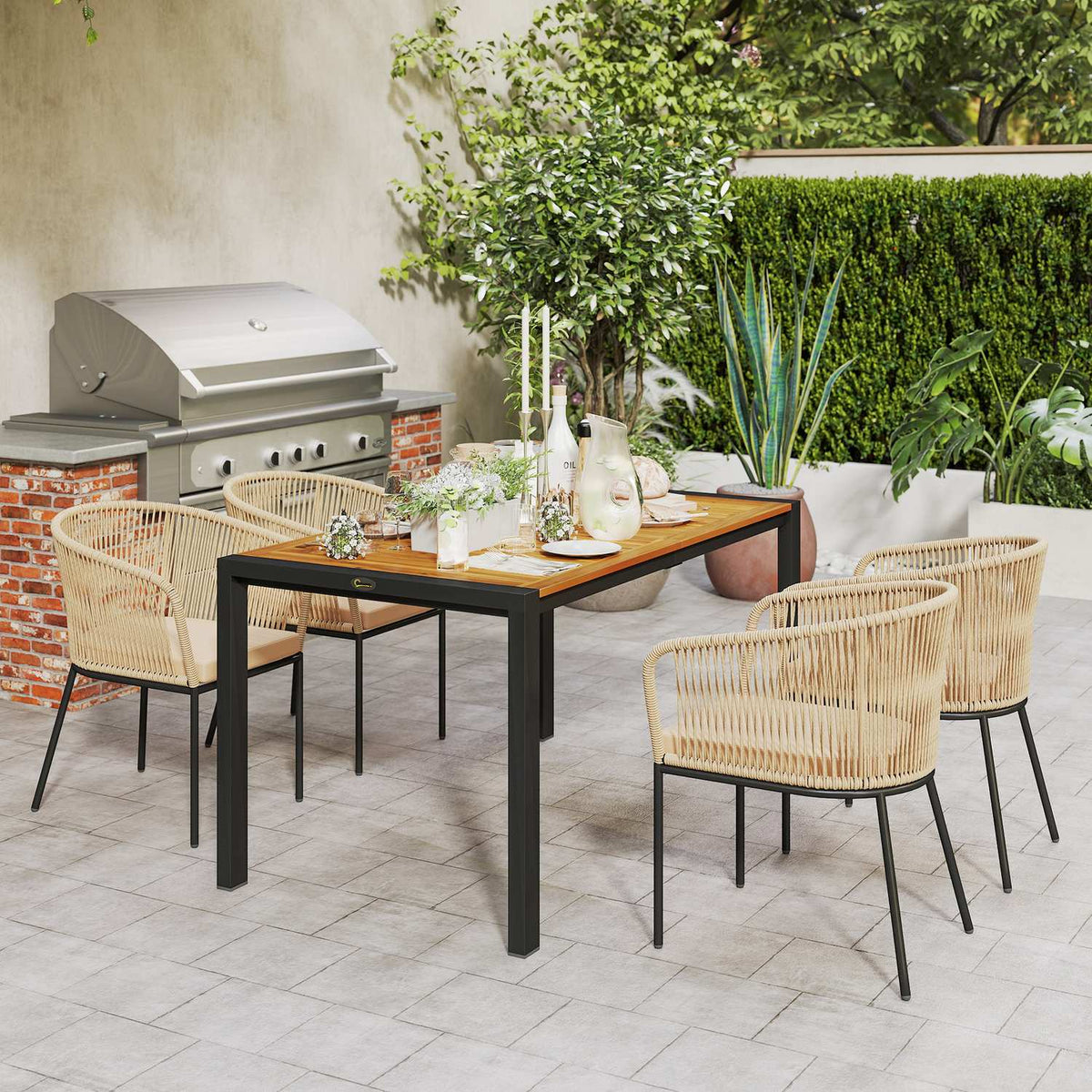 5-piece polyrattan garden furniture set for 4 people, weatherproof balcony furniture with table, 4 chairs, removable seat cushions, outdoor patio furniture lounge set for balcony, garden, natural wood + khaki |