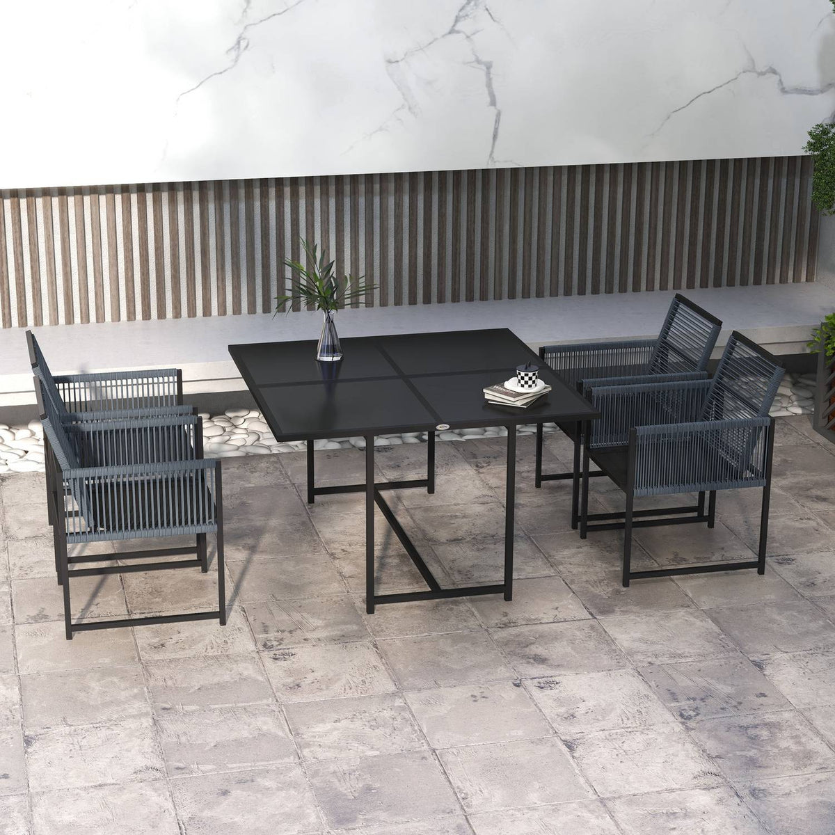 5-piece seating group Dining group for 4 people Dining table with 4 chairs Dining room group with folding chairs Kitchen table set with steel frame Balcony furniture Garden furniture for terrace, balcony Dark gray