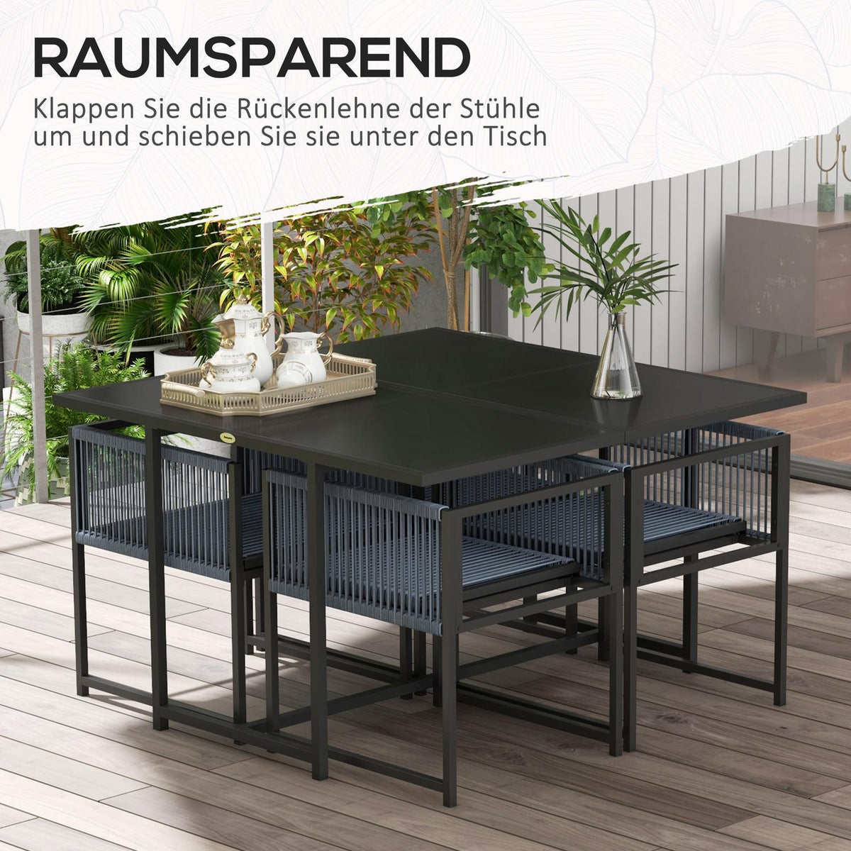 5-piece seating group Dining group for 4 people Dining table with 4 chairs Dining room group with folding chairs Kitchen table set with steel frame Balcony furniture Garden furniture for terrace, balcony Dark gray