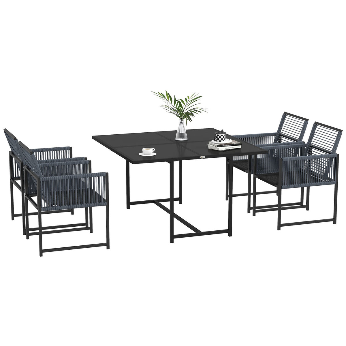 5-piece seating group Dining group for 4 people Dining table with 4 chairs Dining room group with folding chairs Kitchen table set with steel frame Balcony furniture Garden furniture for terrace, balcony Dark gray