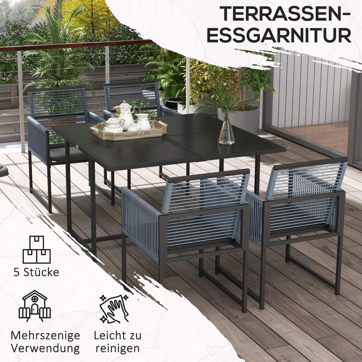 5-piece seating group Dining group for 4 people Dining table with 4 chairs Dining room group with folding chairs Kitchen table set with steel frame Balcony furniture Garden furniture for terrace, balcony Dark gray