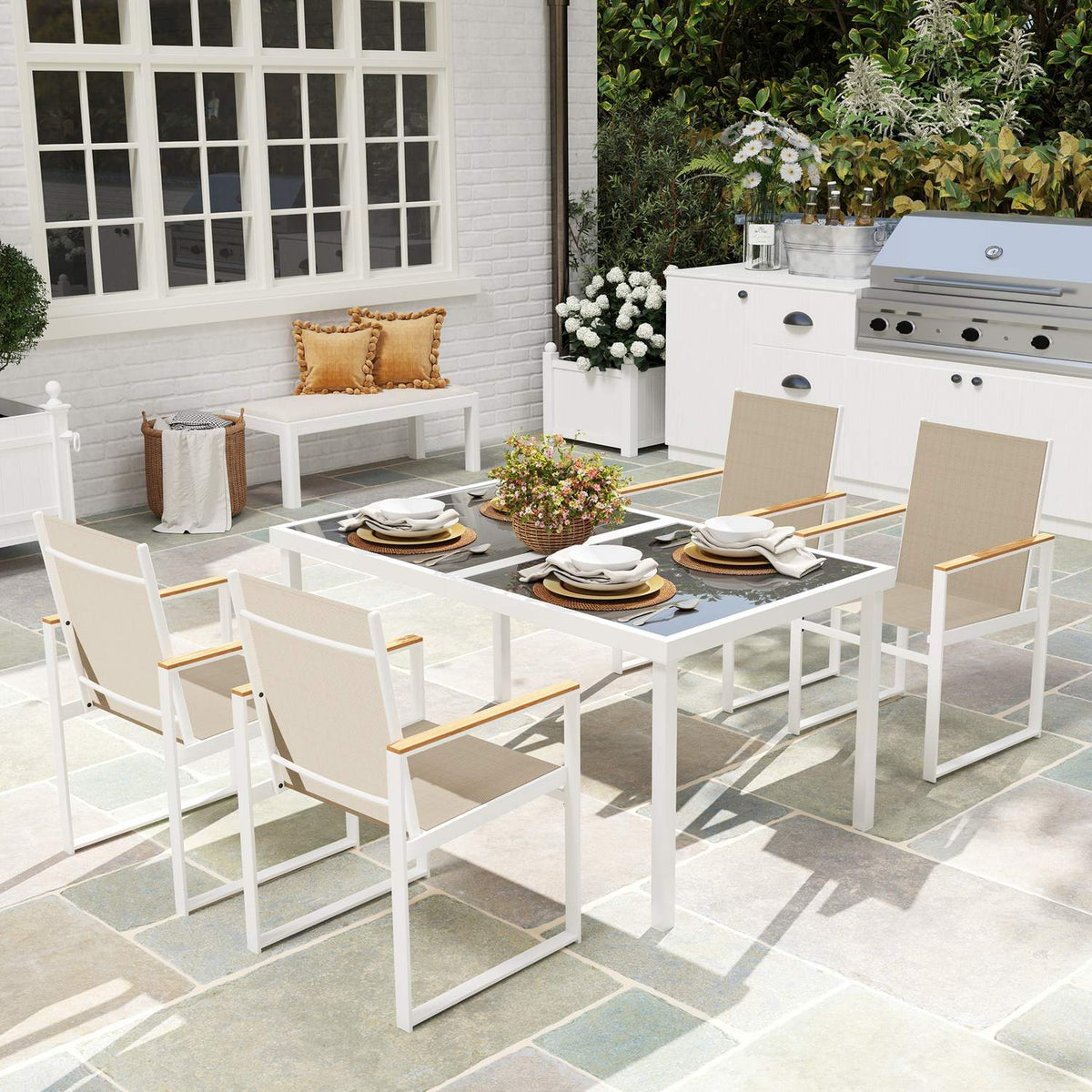 5-piece seating group. Dining group for 4 people, removable dining table with 4 chairs, dining room group, kitchen table set with steel frame, balcony furniture, garden furniture for terrace, balcony, multi-coloured