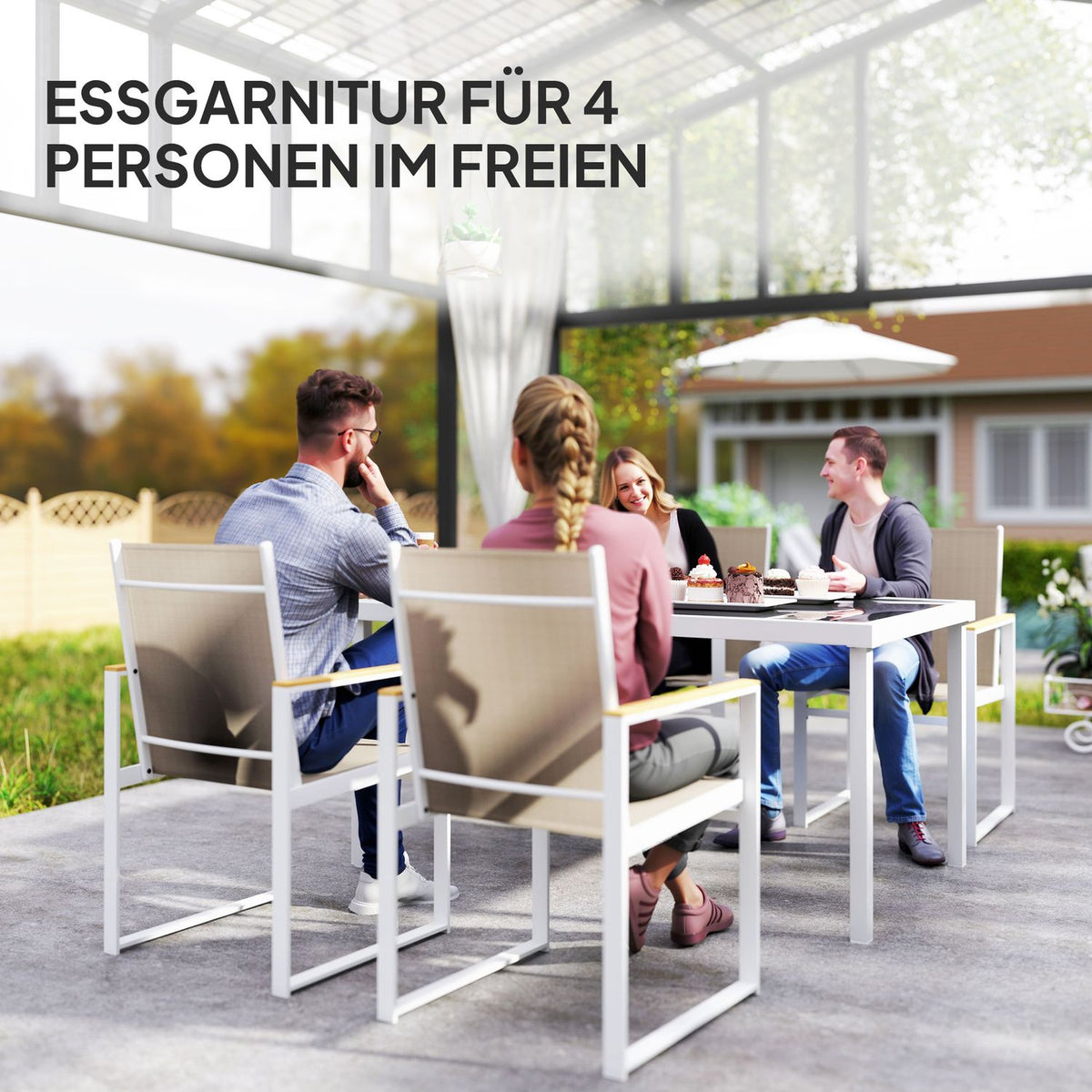 5-piece seating group. Dining group for 4 people, removable dining table with 4 chairs, dining room group, kitchen table set with steel frame, balcony furniture, garden furniture for terrace, balcony, multi-coloured