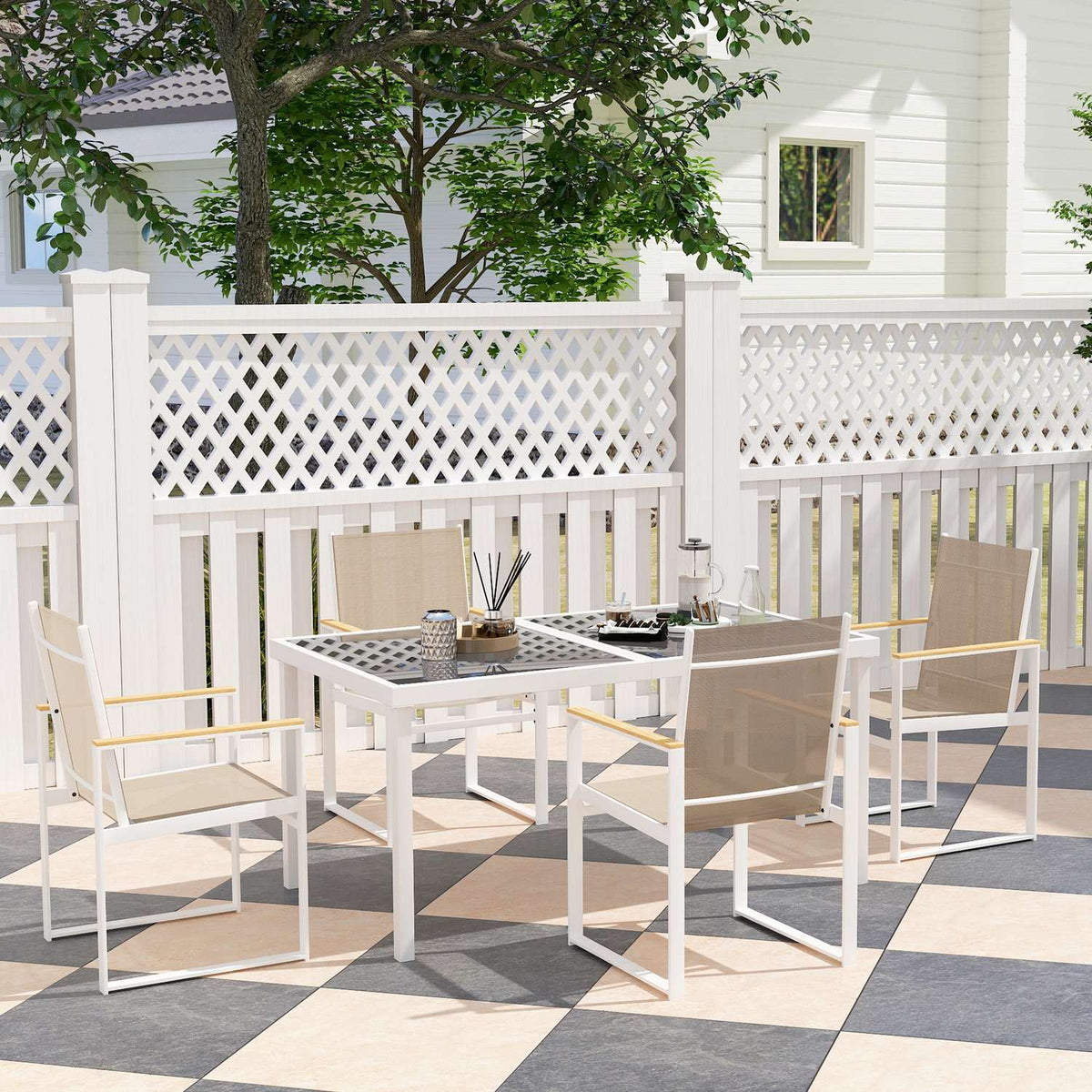 5-piece seating group. Dining group for 4 people, removable dining table with 4 chairs, dining room group, kitchen table set with steel frame, balcony furniture, garden furniture for terrace, balcony, multi-coloured