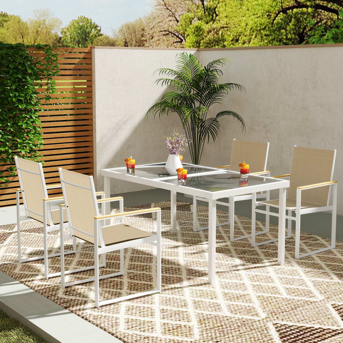 5-piece seating group. Dining group for 4 people, removable dining table with 4 chairs, dining room group, kitchen table set with steel frame, balcony furniture, garden furniture for terrace, balcony, multi-coloured