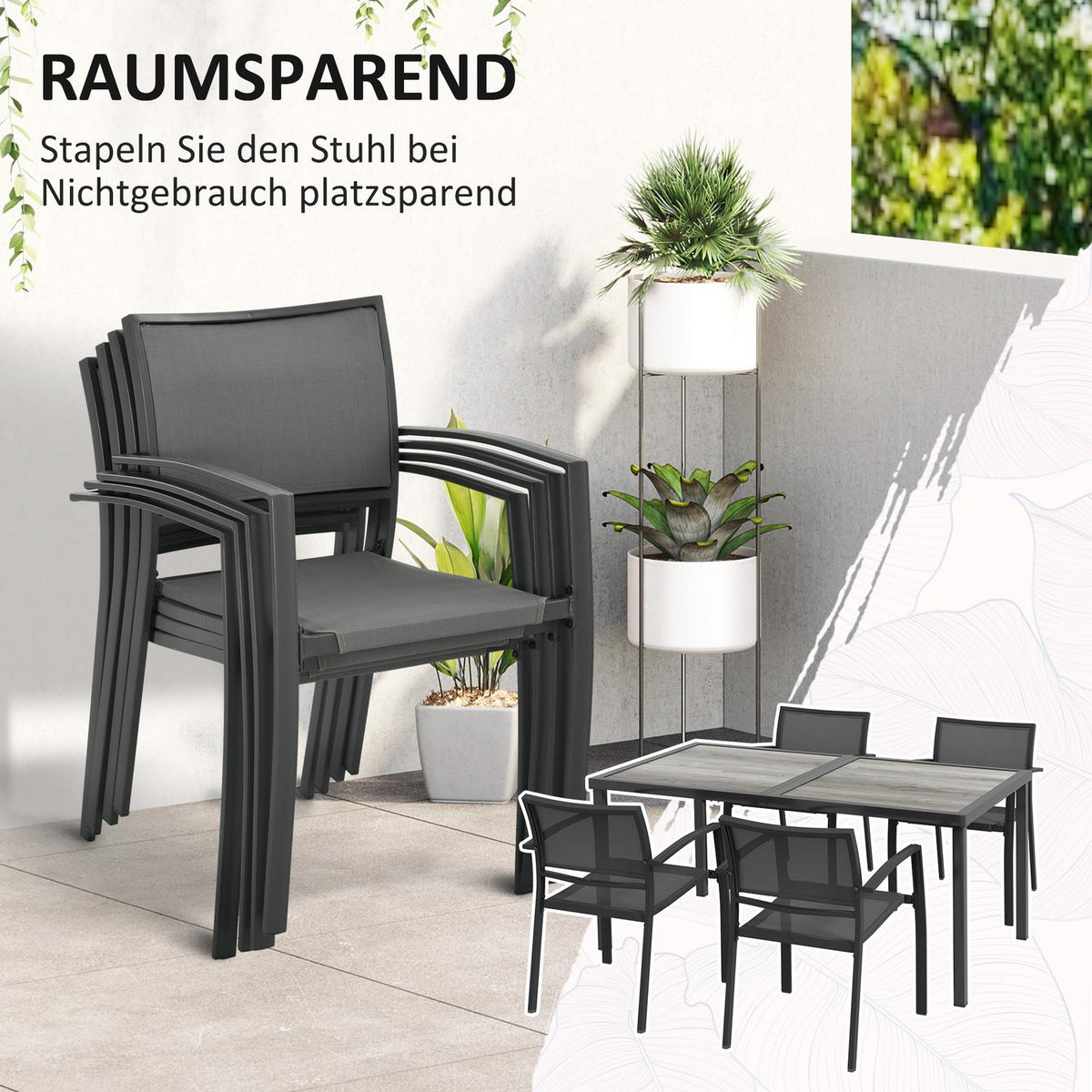 5-piece seating group garden furniture set with 1 dining table and 4 stackable chairs, garden furniture for patio, mesh dark gray