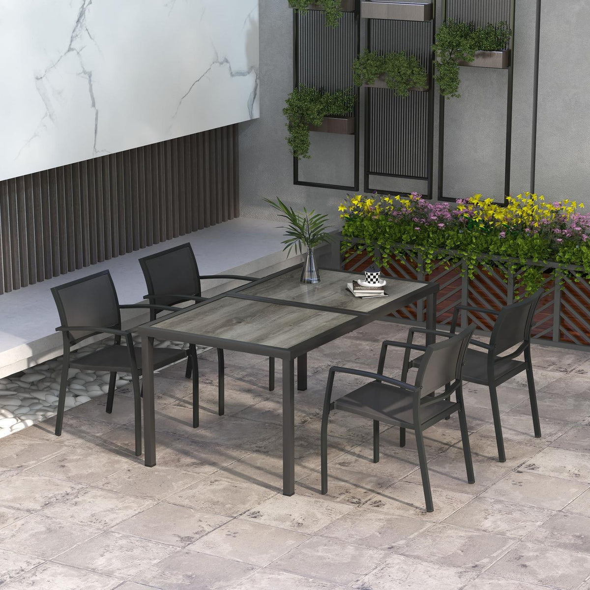 5-piece seating group garden furniture set with 1 dining table and 4 stackable chairs, garden furniture for patio, mesh dark gray