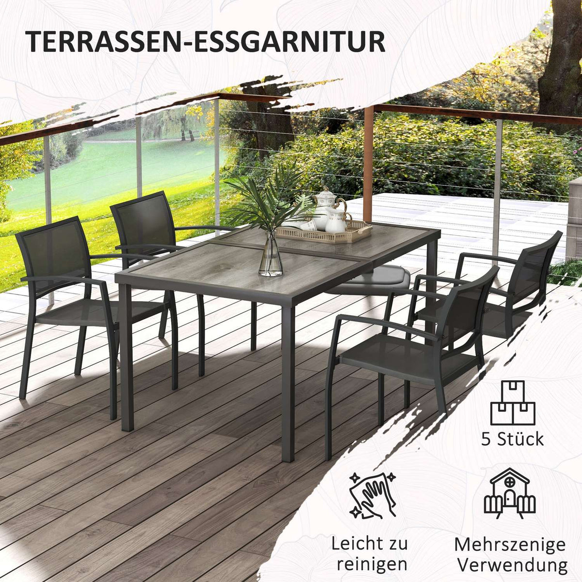 5-piece seating group garden furniture set with 1 dining table and 4 stackable chairs, garden furniture for patio, mesh dark gray