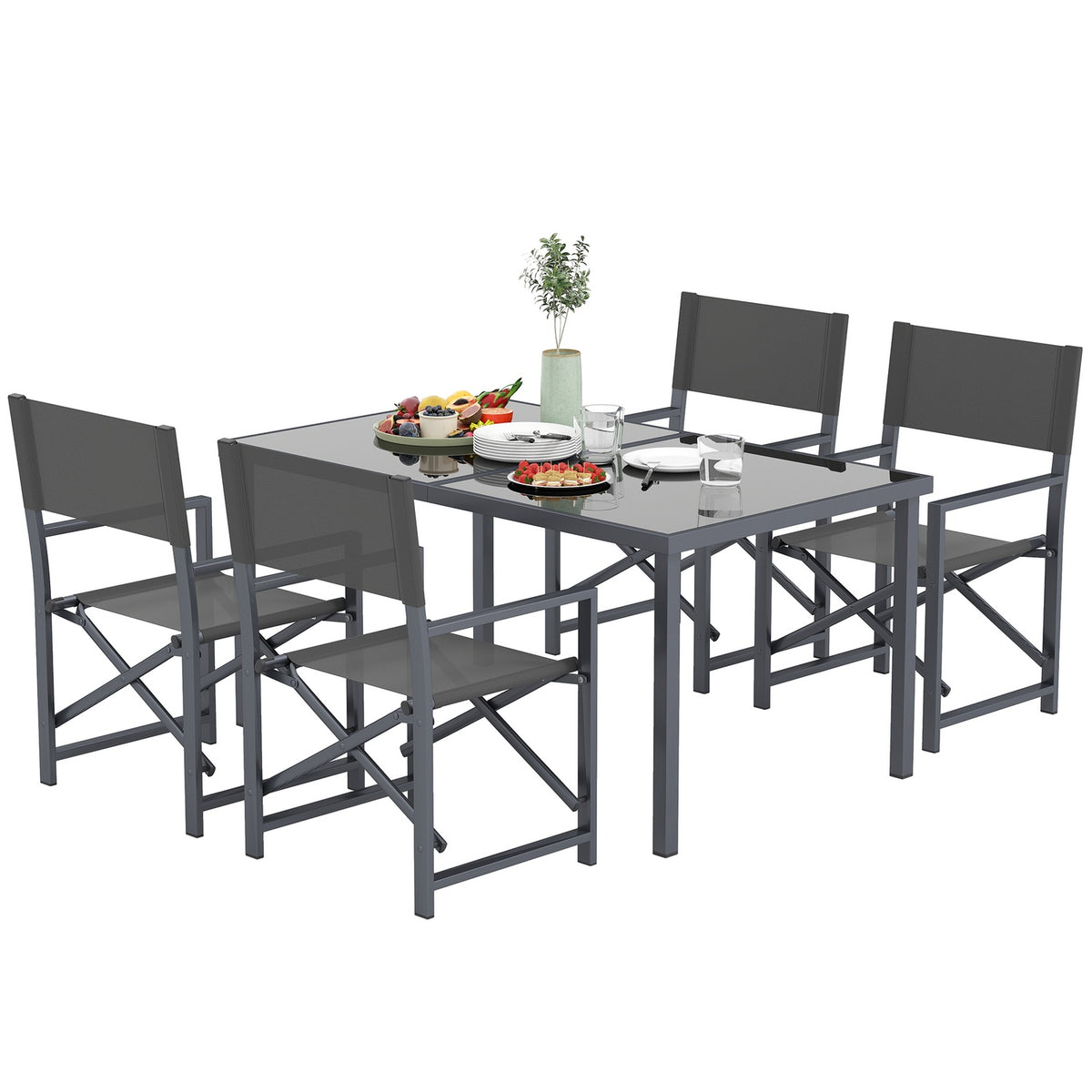 5-piece seating group, steel dining group for 4 people, dining table with 4 foldable chairs, dining room group with glass table, kitchen table set, balcony furniture, garden furniture for terrace, balcony, gray
