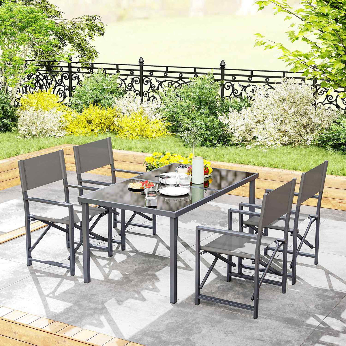 5-piece seating group, steel dining group for 4 people, dining table with 4 foldable chairs, dining room group with glass table, kitchen table set, balcony furniture, garden furniture for terrace, balcony, gray