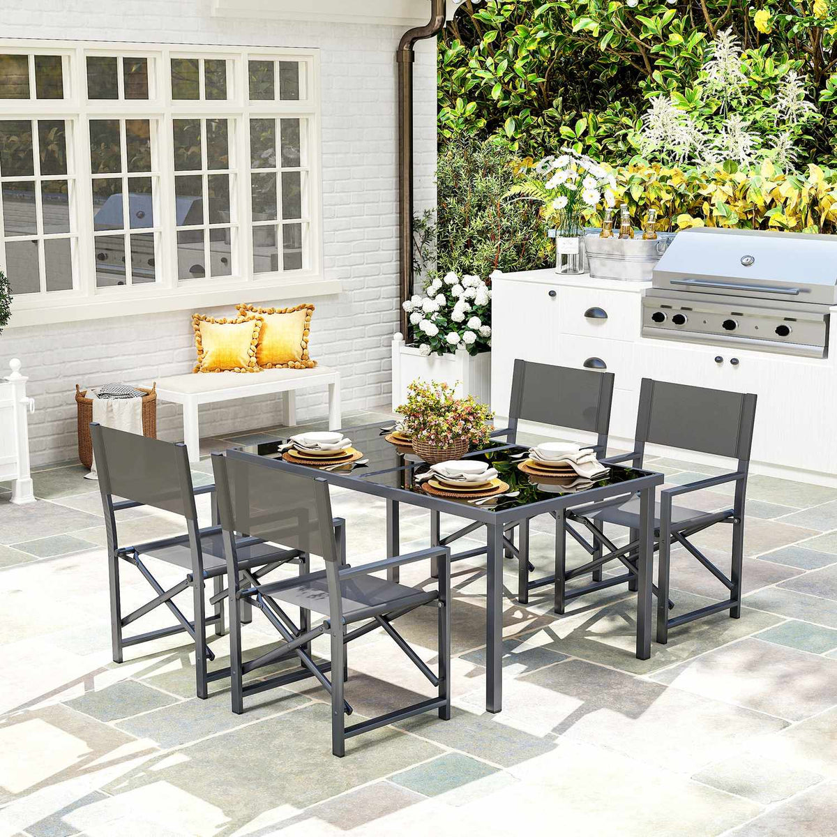 5-piece seating group, steel dining group for 4 people, dining table with 4 foldable chairs, dining room group with glass table, kitchen table set, balcony furniture, garden furniture for terrace, balcony, gray