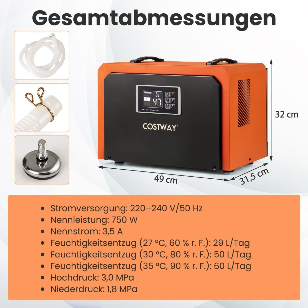 60L/Day Industrial Dehumidifier with Drain Hose & Timer