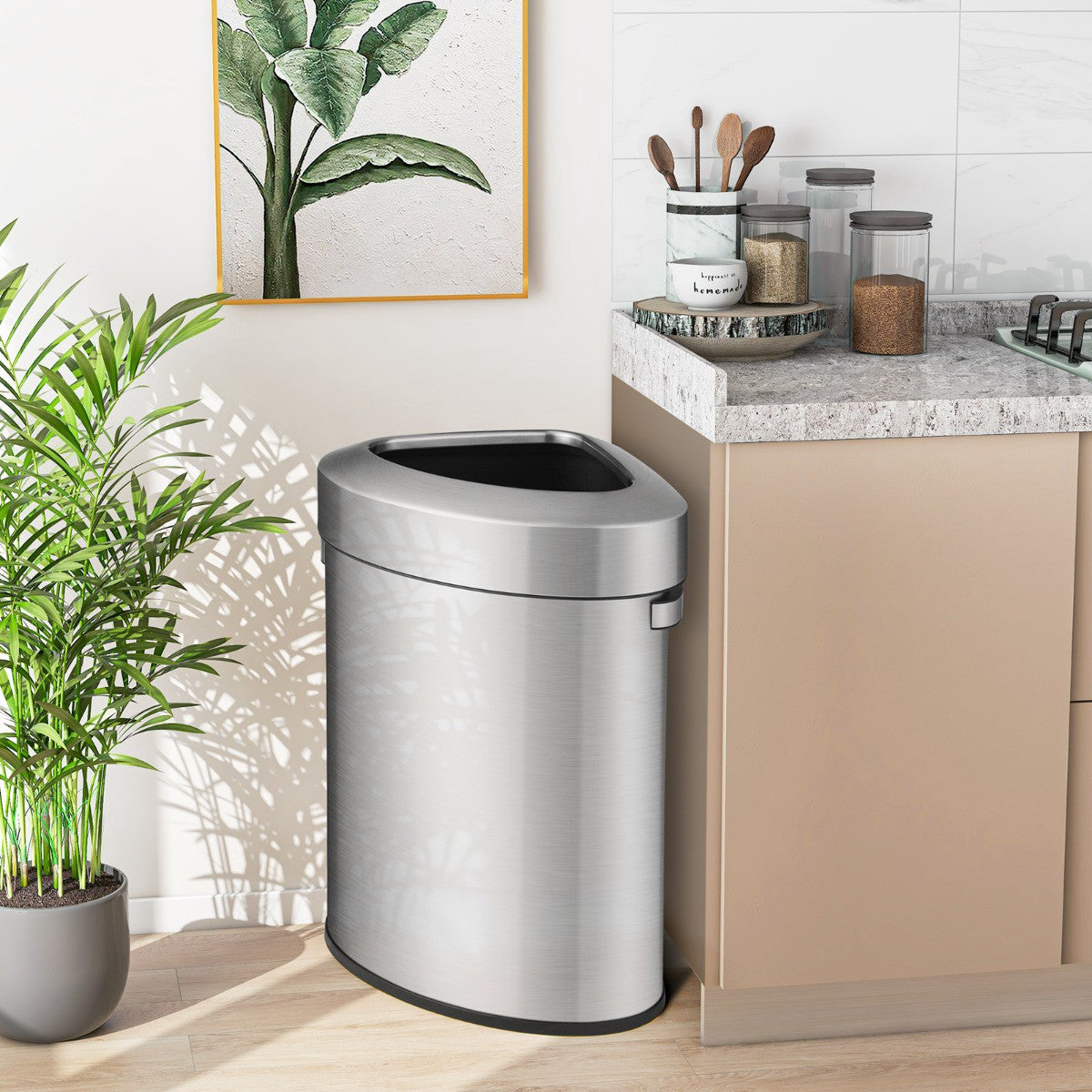 60L Stainless Steel Corner Trash Can With Lid, Non-Slip Base