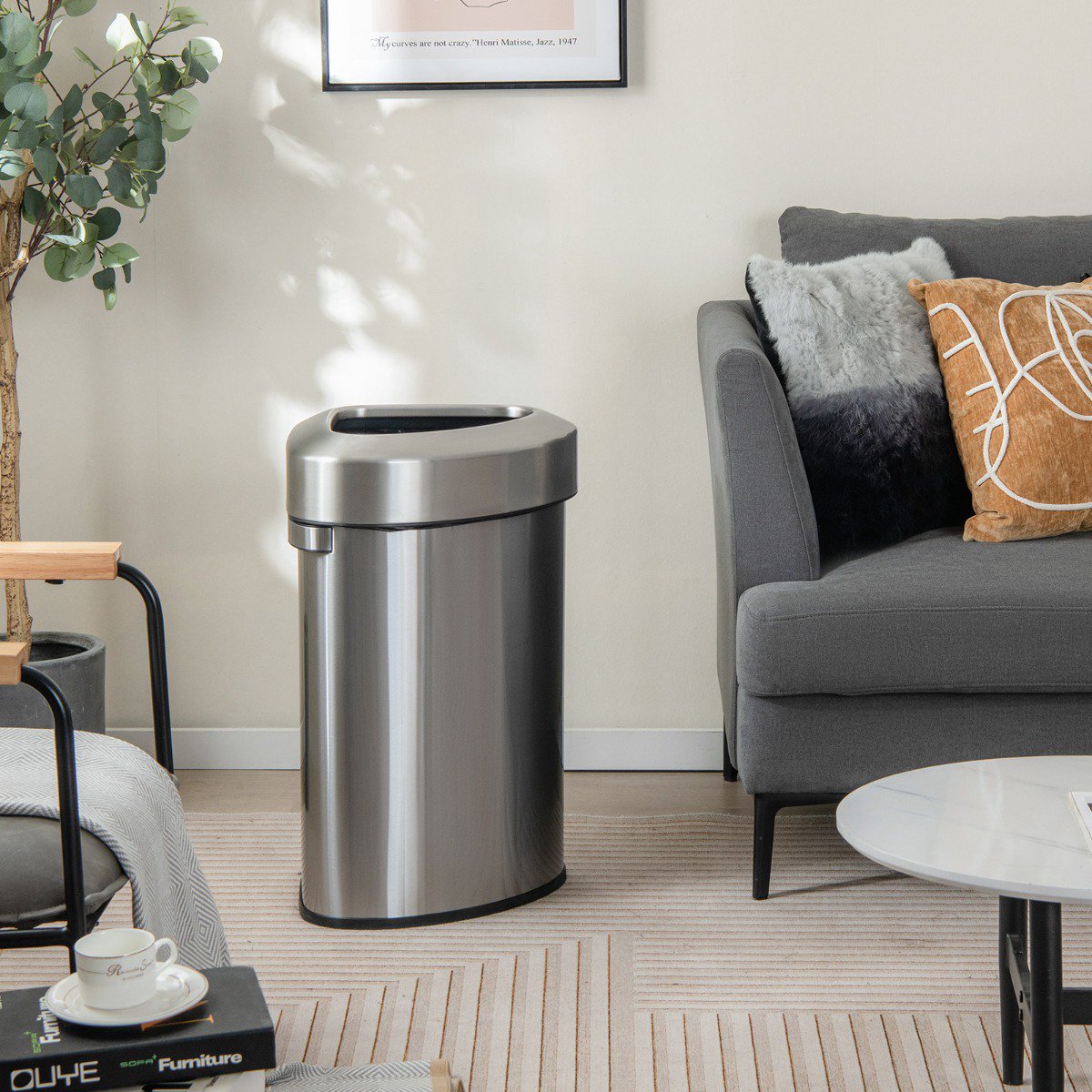 60L Stainless Steel Corner Trash Can With Lid, Non-Slip Base