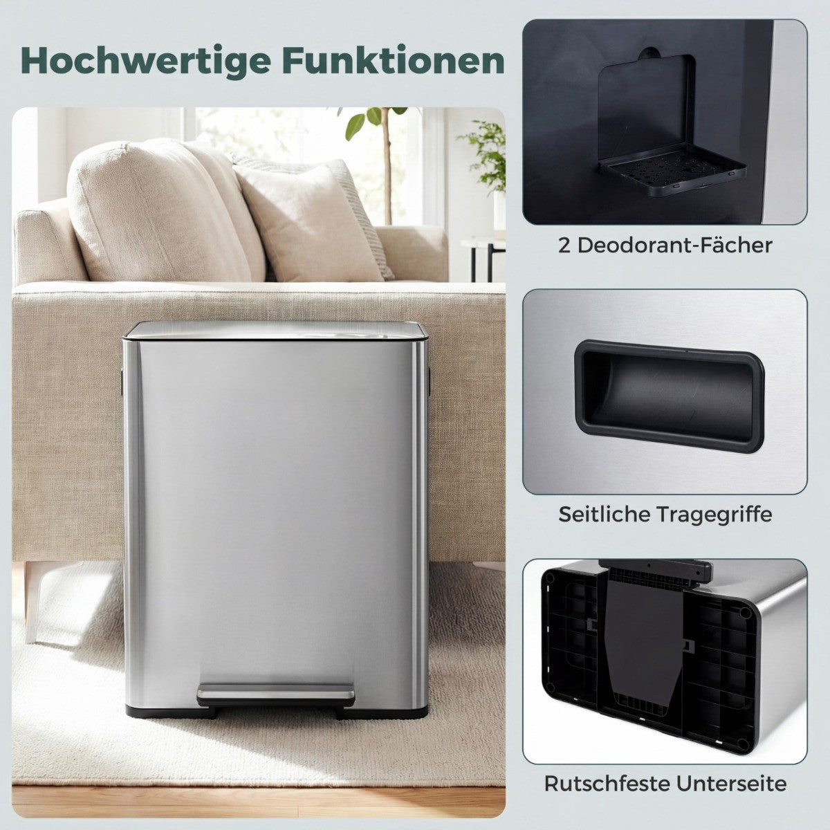 60L Stainless Steel Pedal Bin with Soft-Close Lid & Dual Compartments