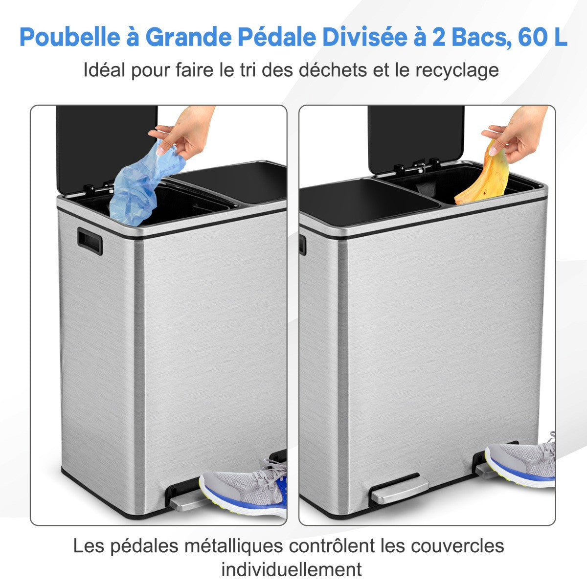 60L Stainless Steel Step Trash Can, Dual 30L Bins