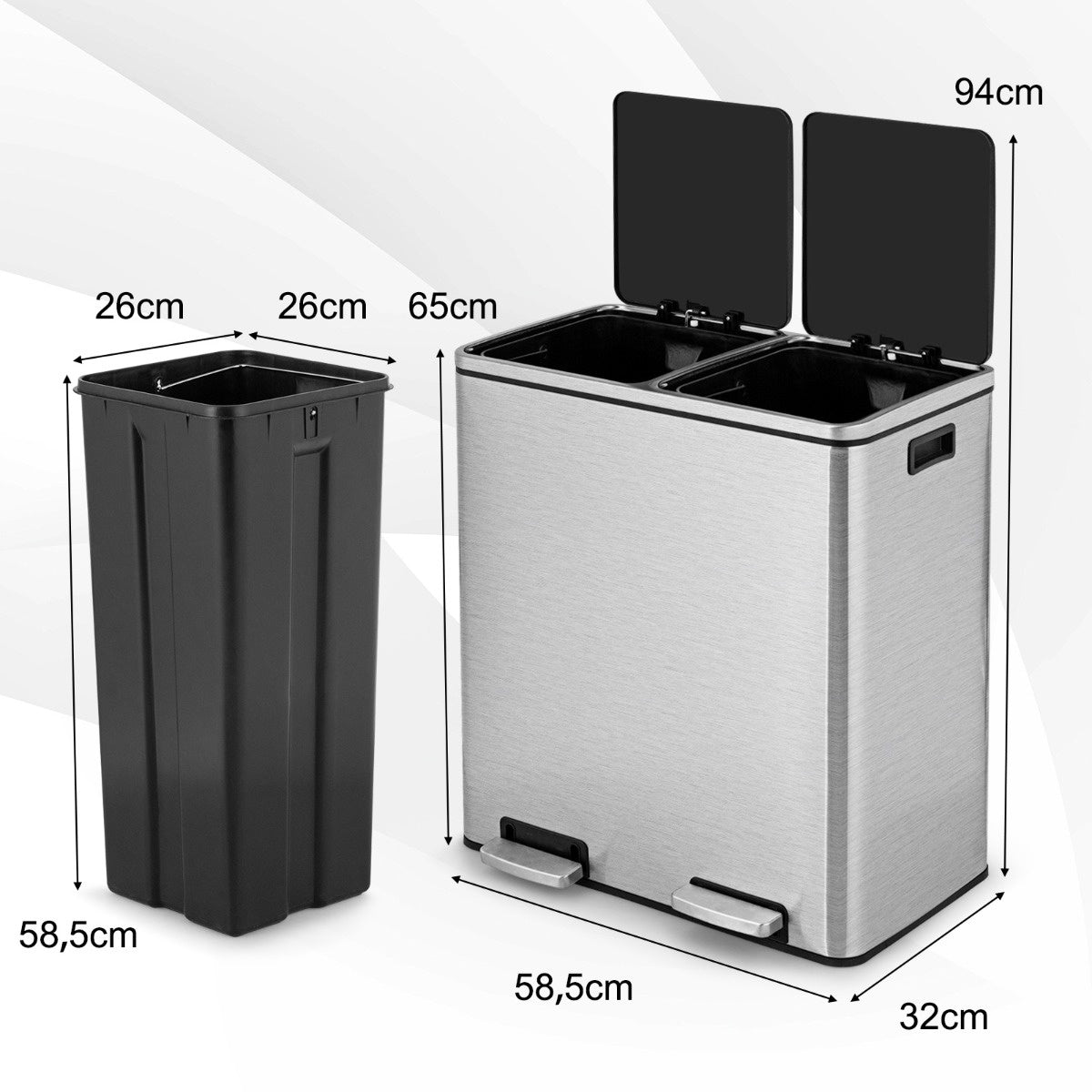 60L Stainless Steel Step Trash Can, Dual 30L Bins