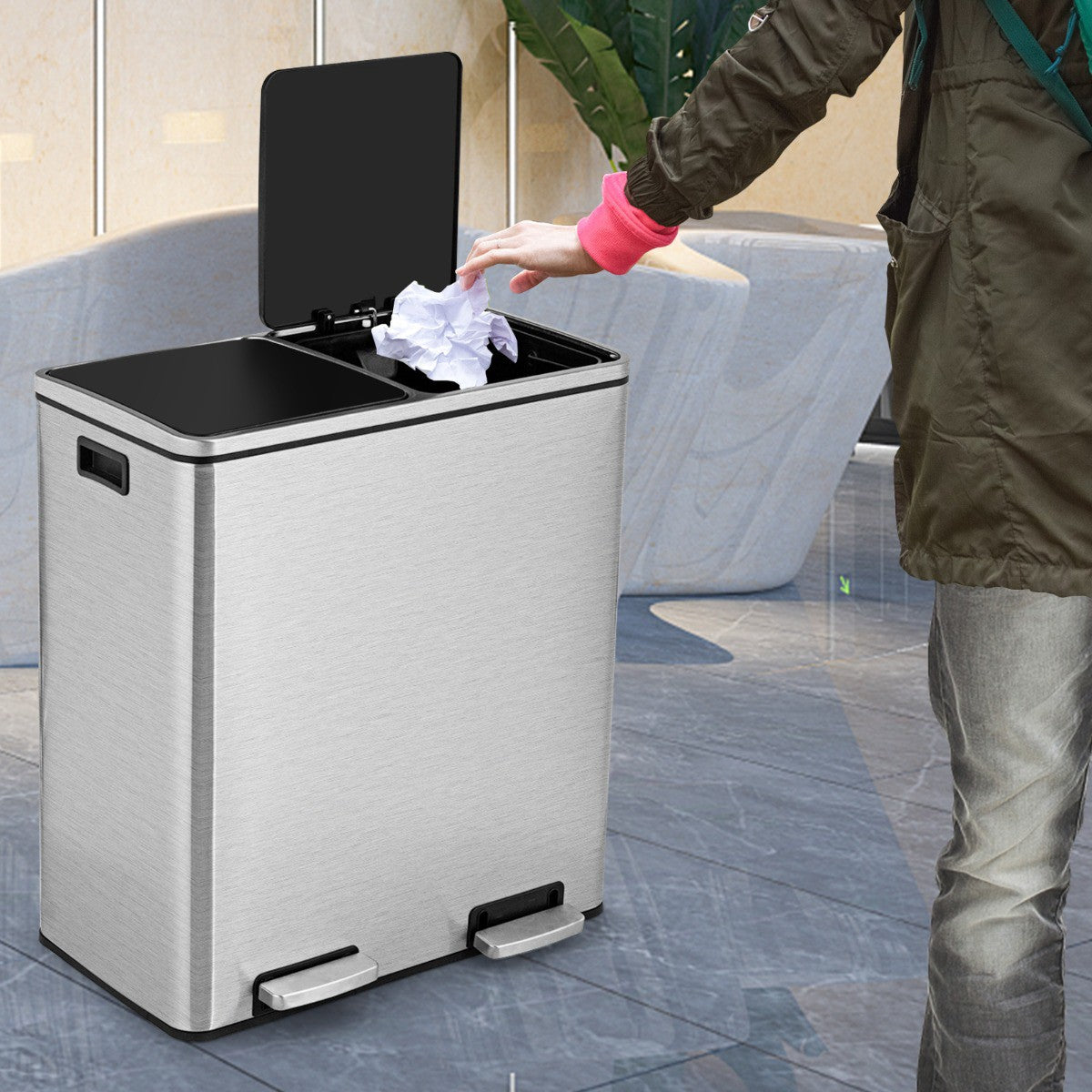 60L Stainless Steel Step Trash Can, Dual 30L Bins