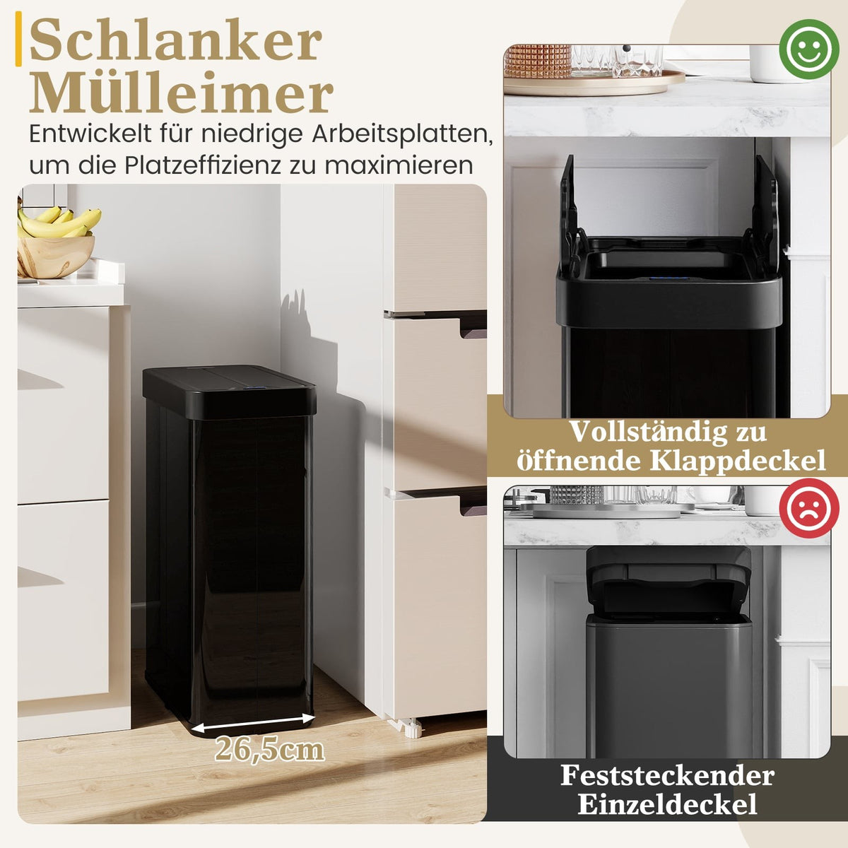 60L Touchless Sensor Trash Can, Stainless Steel, Black