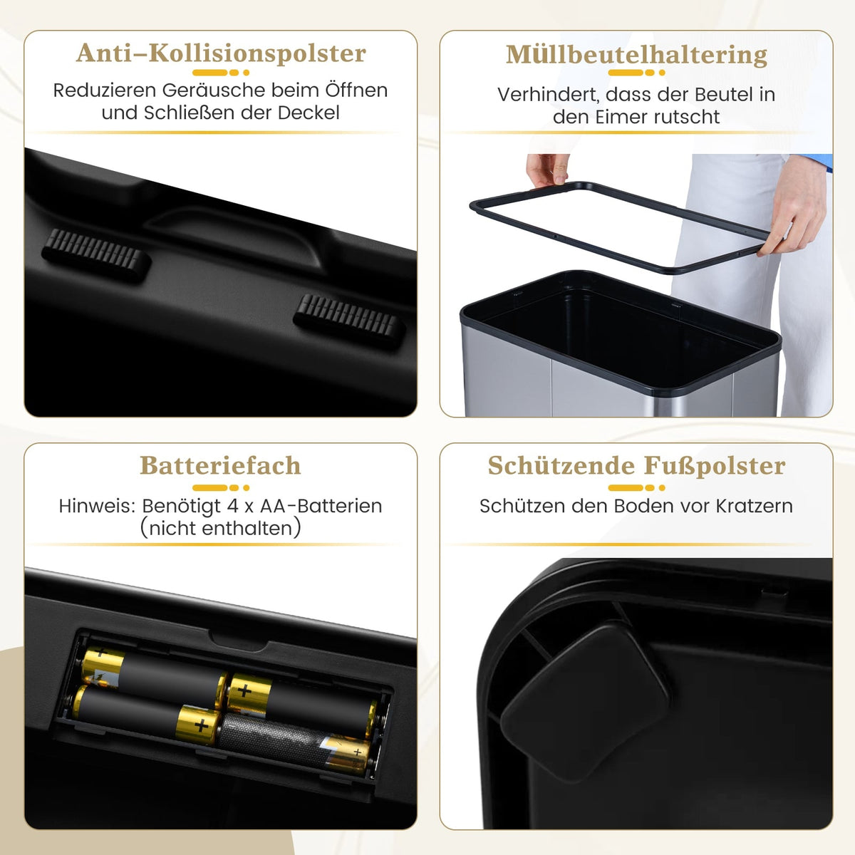 60L Touchless Sensor Trash Can, Stainless Steel, Black