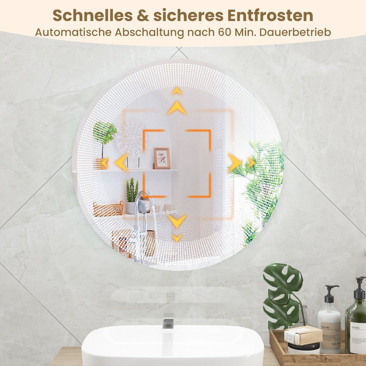 Ø 60 cm LED bathroom mirror with 3-color lights & touch switch cosmetic mirror