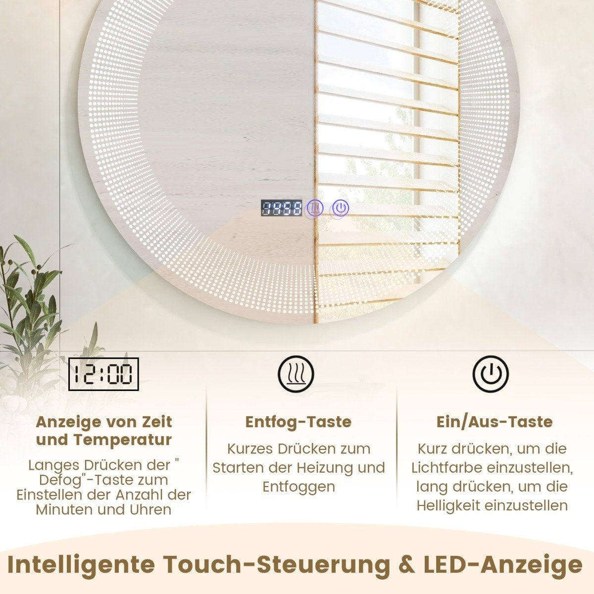 Ø 60 cm LED bathroom mirror with 3-color lights & touch switch cosmetic mirror