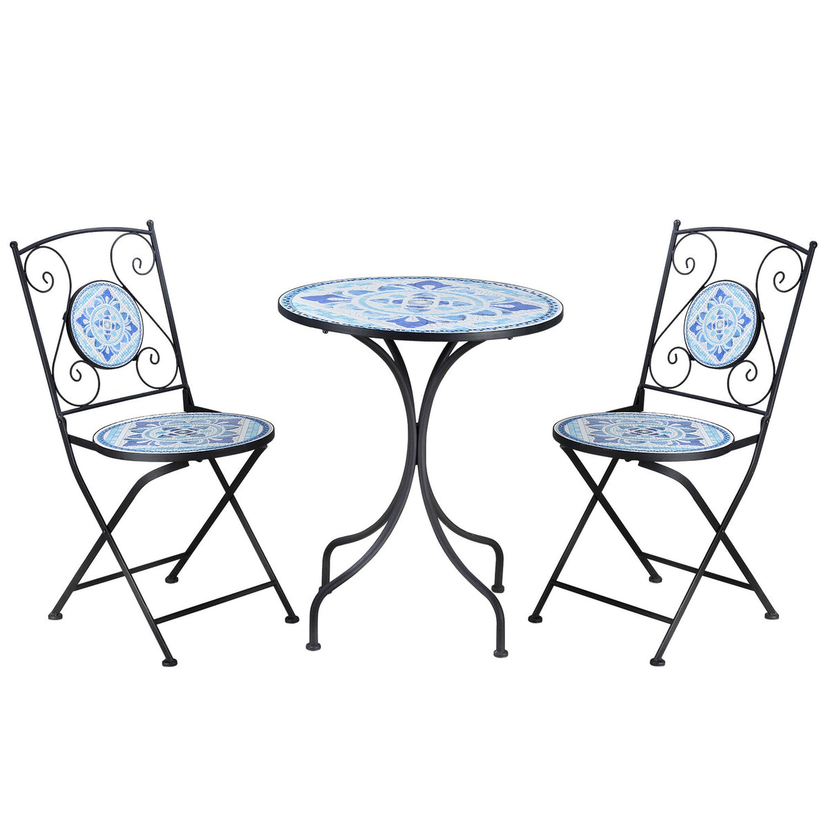 Ø 61 Cm Garden Seating Group For 2 People Bistro Set 1 Table + 2 Foldable Chairs Steel Blue