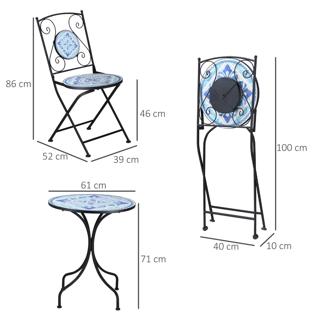 Ø 61 Cm Garden Seating Group For 2 People Bistro Set 1 Table + 2 Foldable Chairs Steel Blue