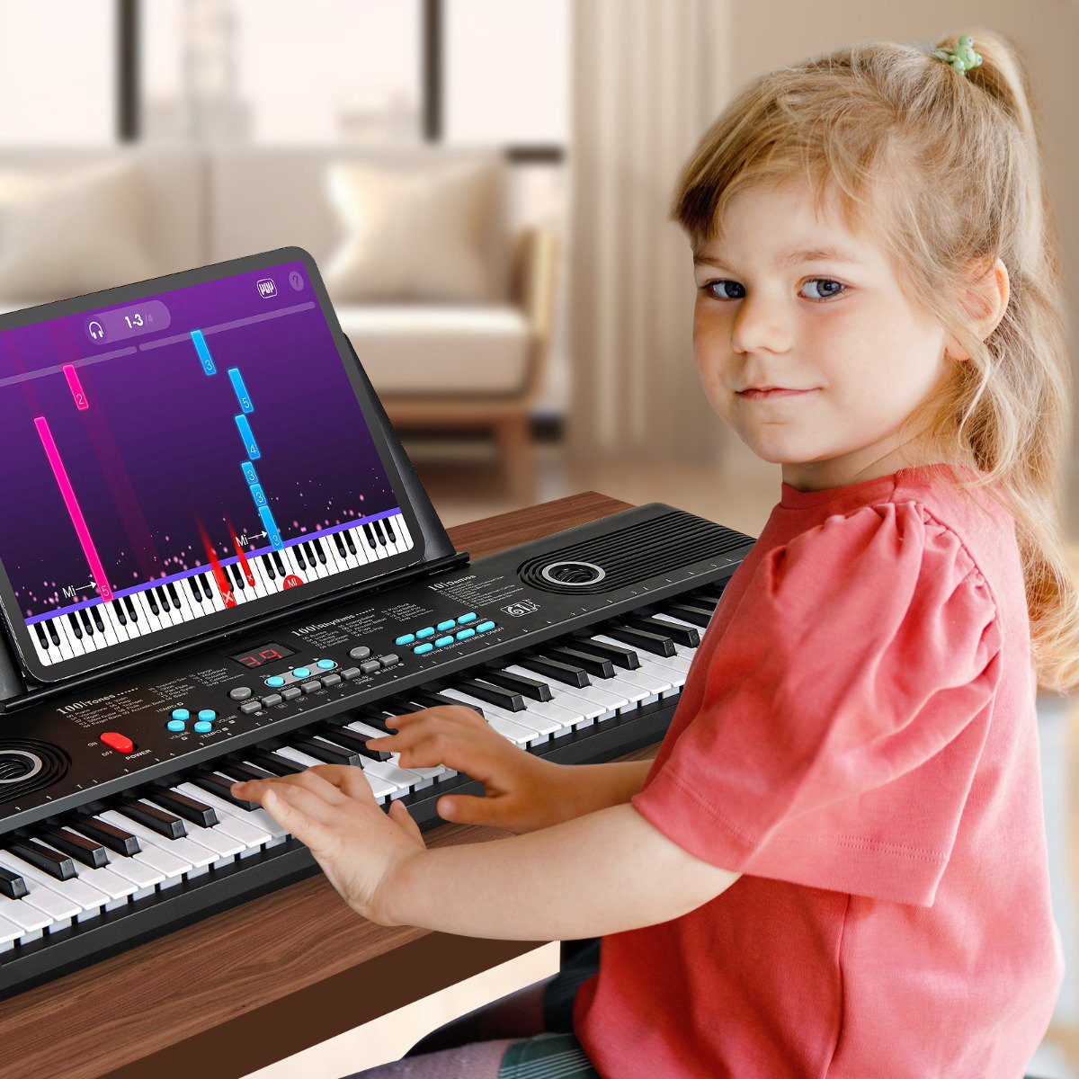61-Key Beginner Keyboard Piano, Mic & Case, Black/Purple