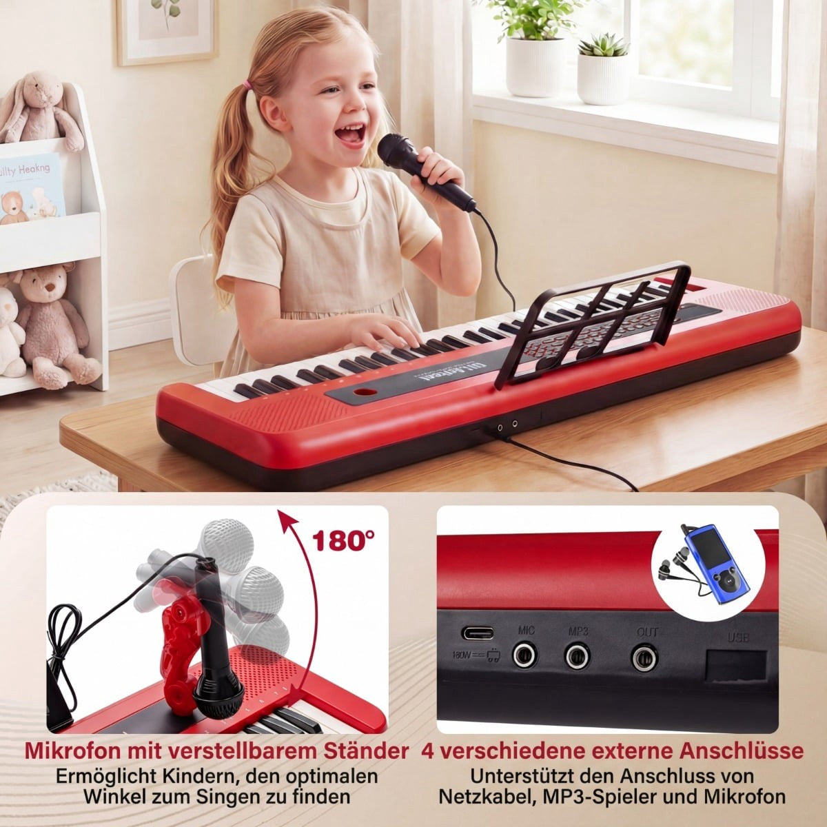 61-Key Kids Piano Keyboard with Adjustable Stand, Mic