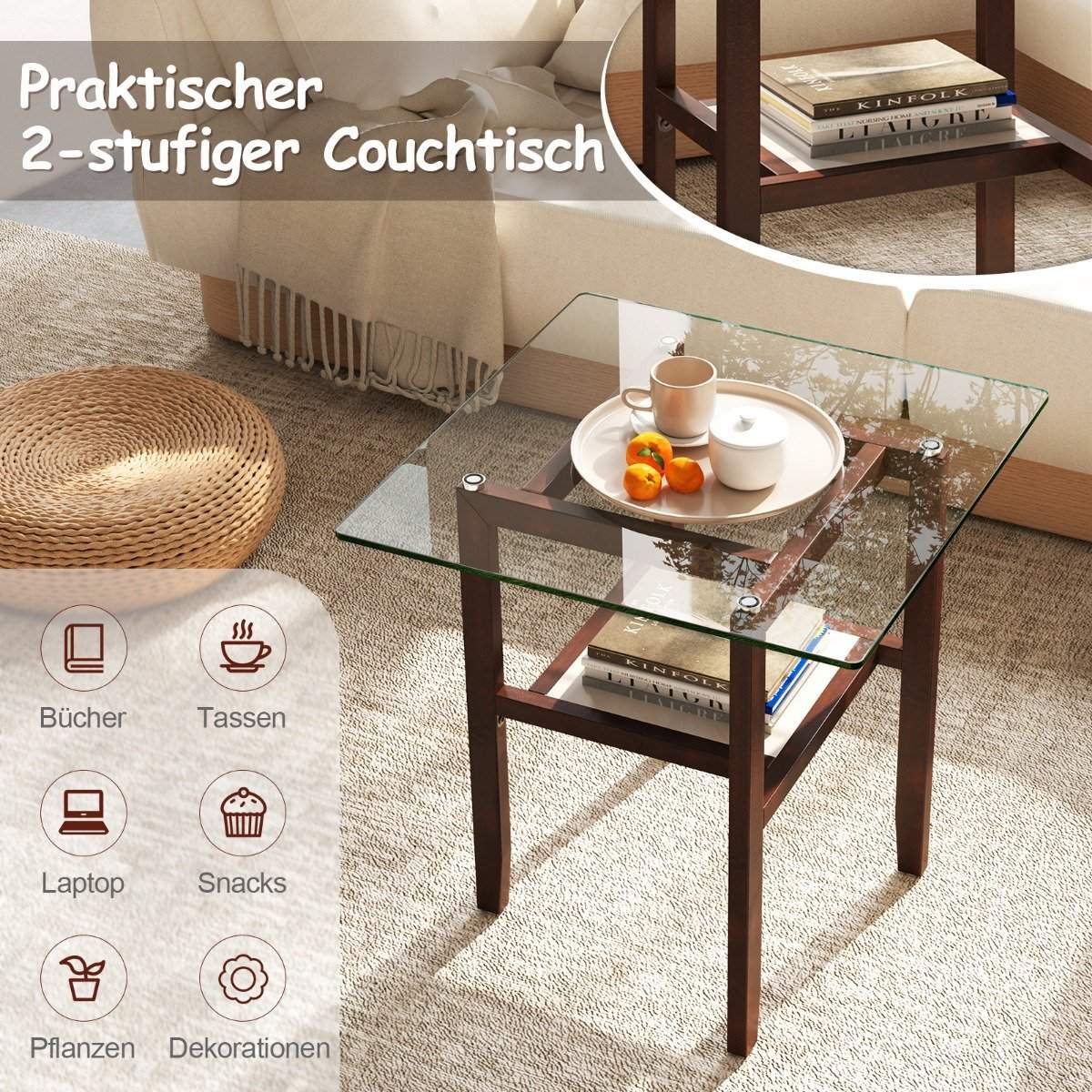 61 cm long and wide glass side table 2-tier glass table with storage space brown