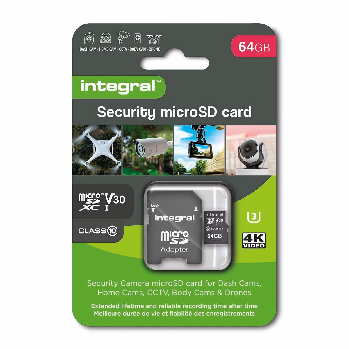 64GB security camera microSD card for dashcams, home cameras, CCTV, body cameras and drones