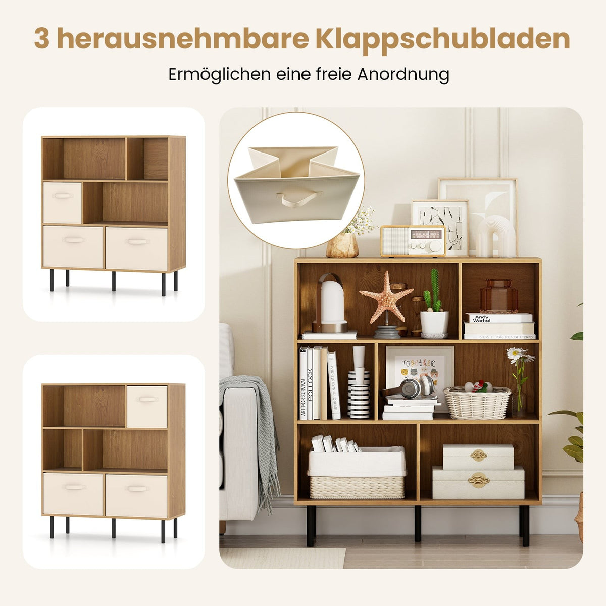 6-Cube Bookshelf with 3 Removable Fabric Drawers