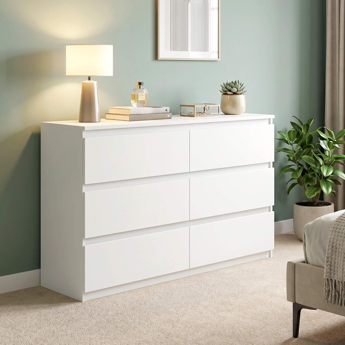 6-Drawer Dresser, White Chest of Drawers 112 x 34 x 75 cm