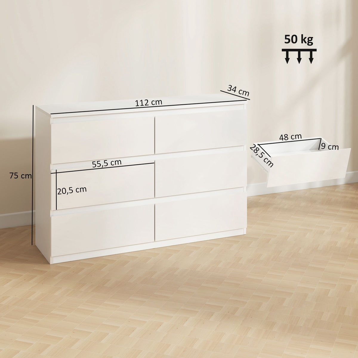 6-Drawer Dresser, White Chest of Drawers 112 x 34 x 75 cm