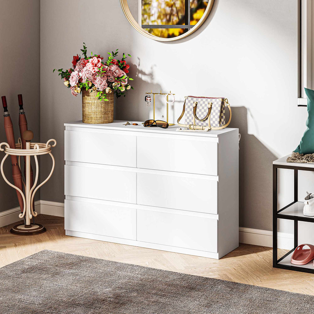 6-Drawer Dresser, White Chest of Drawers 112 x 34 x 75 cm