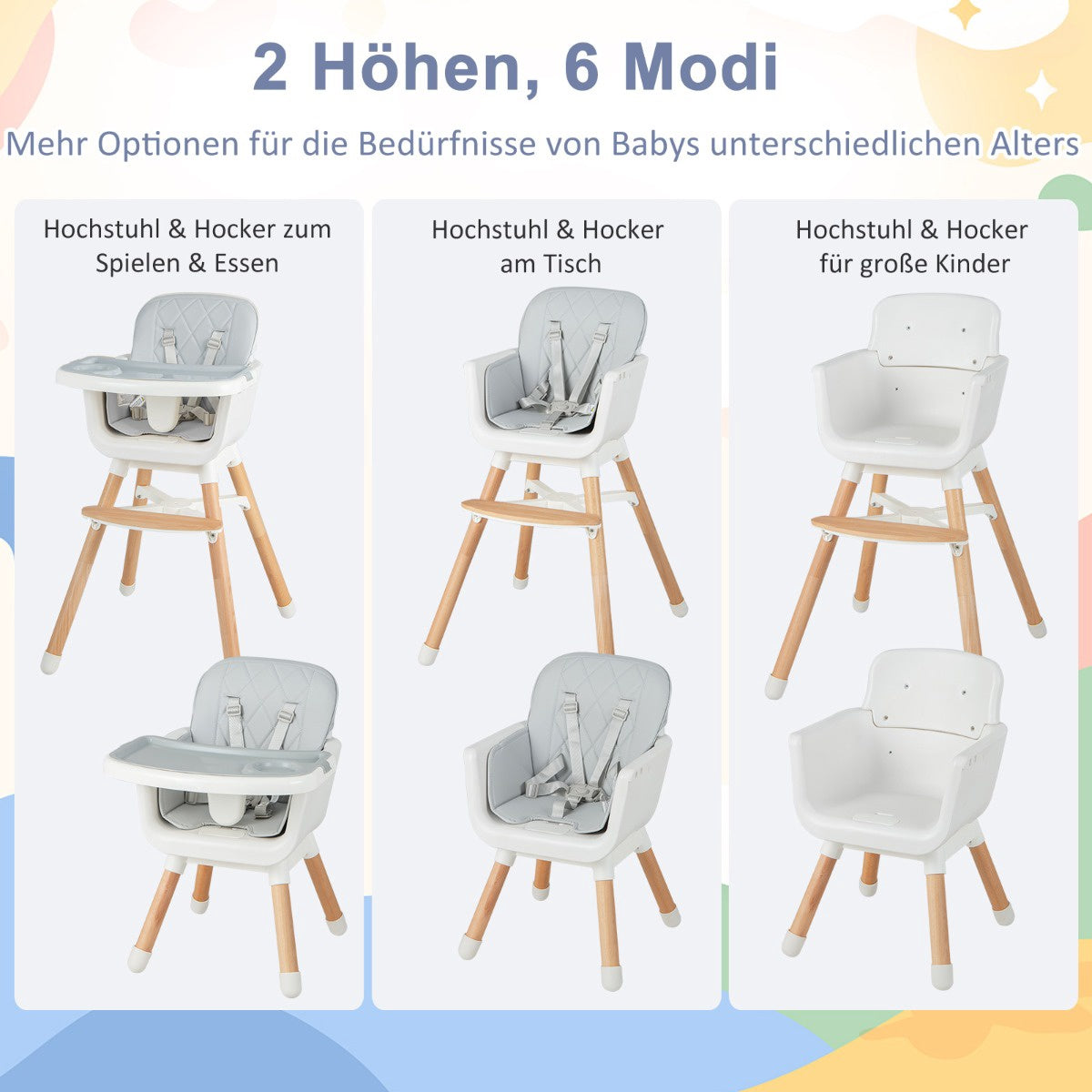 6-In-1 Convertible Baby High Chair, Adjustable Legs, Gray
