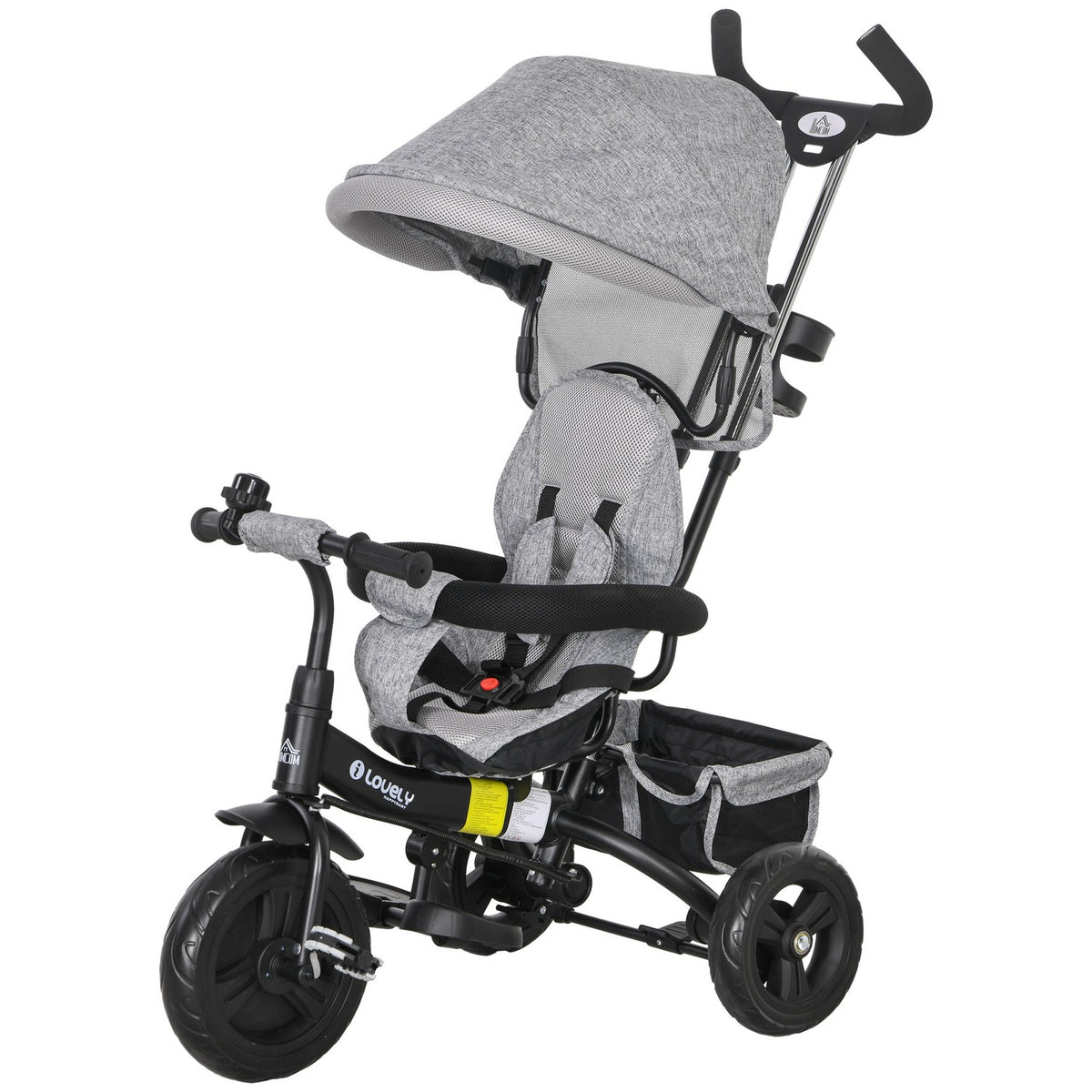 6-In-1 Tricycle Push Rod Children'S Tricycle Removable Sun Canopy 5-Point Belt Basket Cup Holder 1-5 Years Gray