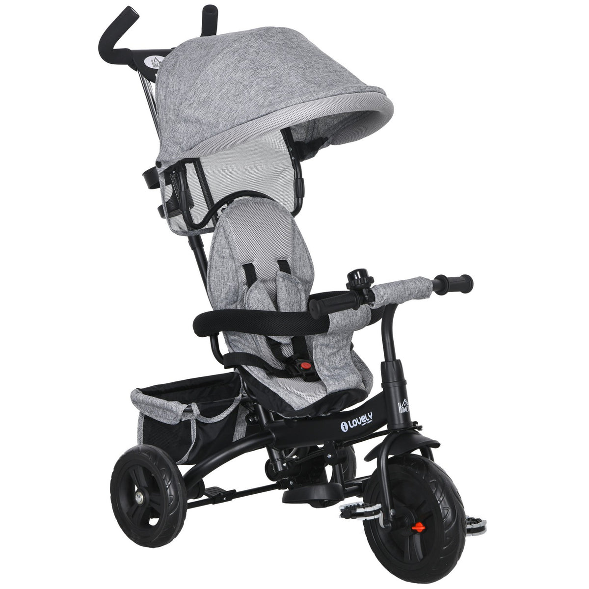 6-In-1 Tricycle Push Rod Children'S Tricycle Removable Sun Canopy 5-Point Belt Basket Cup Holder 1-5 Years Gray