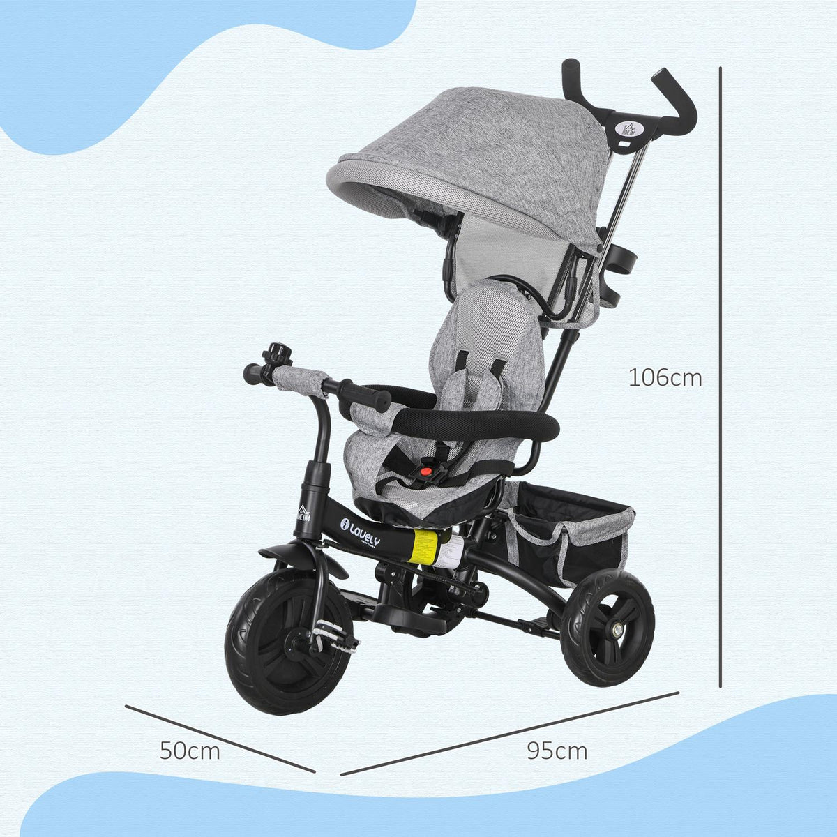 6-In-1 Tricycle Push Rod Children'S Tricycle Removable Sun Canopy 5-Point Belt Basket Cup Holder 1-5 Years Gray