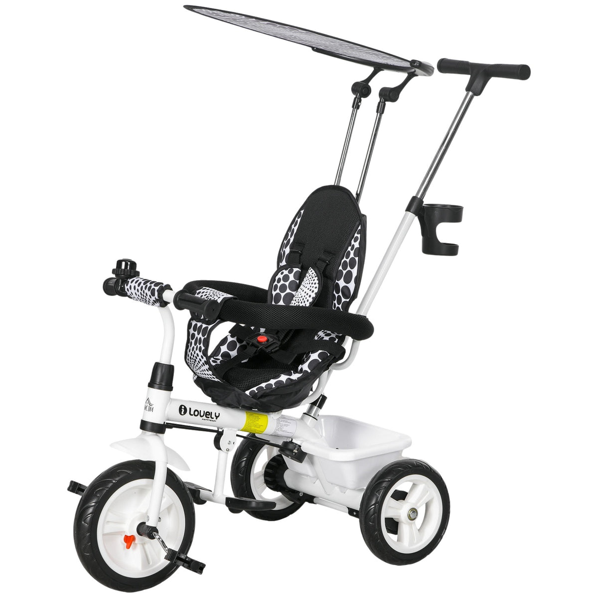 6-In-1 Tricycle Push Rod Children'S Tricycle Removable Sun Canopy Adjustable Balance Bike Cup Holder Basket 1-5 Years White