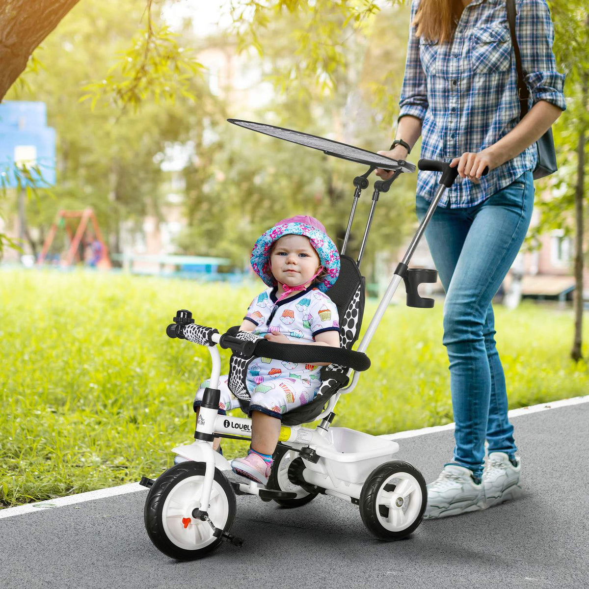 6-In-1 Tricycle Push Rod Children'S Tricycle Removable Sun Canopy Adjustable Balance Bike Cup Holder Basket 1-5 Years White