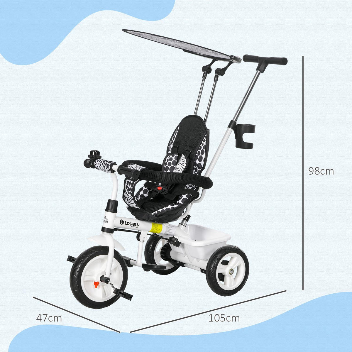 6-In-1 Tricycle Push Rod Children'S Tricycle Removable Sun Canopy Adjustable Balance Bike Cup Holder Basket 1-5 Years White