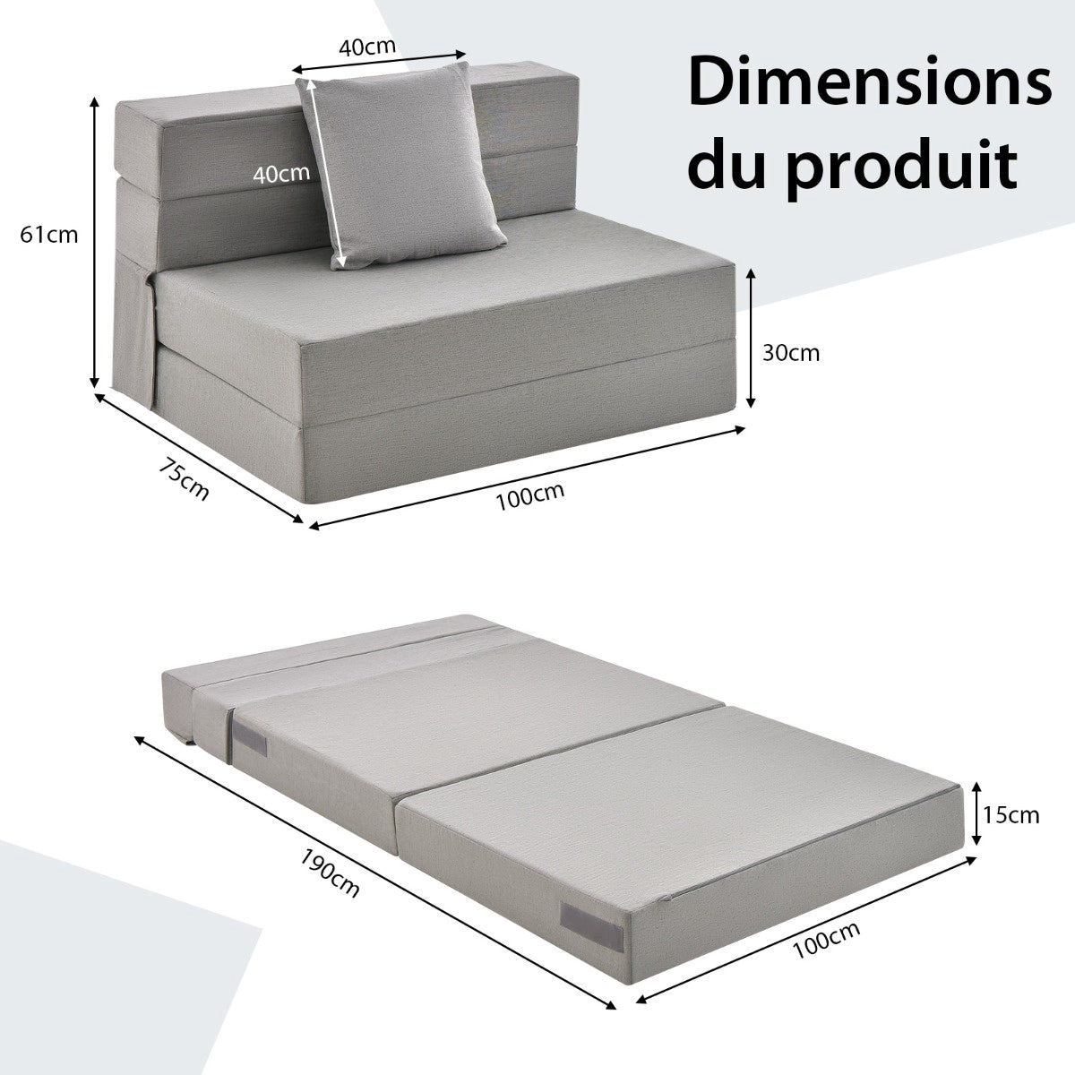 6-Inch Tri-Fold Sofa Bed Mattress with Pillow, Light Gray