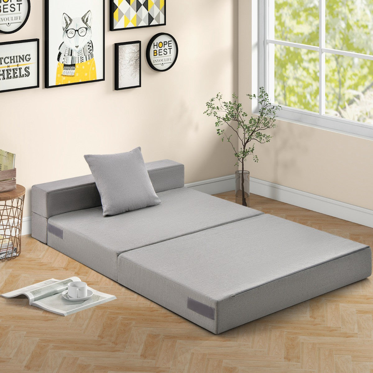 6-Inch Tri-Fold Sofa Bed Mattress with Pillow, Light Gray