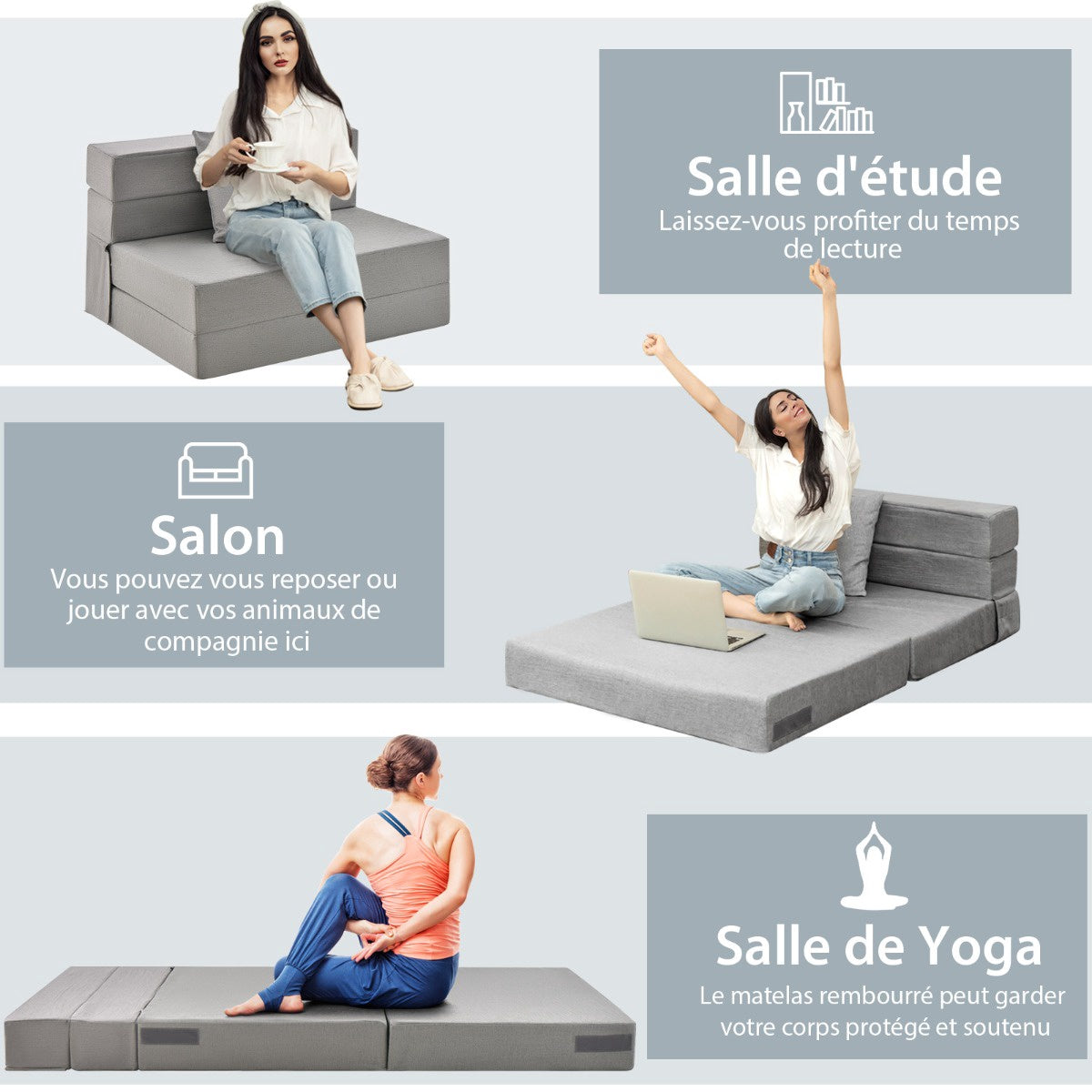 6-Inch Tri-Fold Sofa Bed Mattress with Pillow, Light Gray