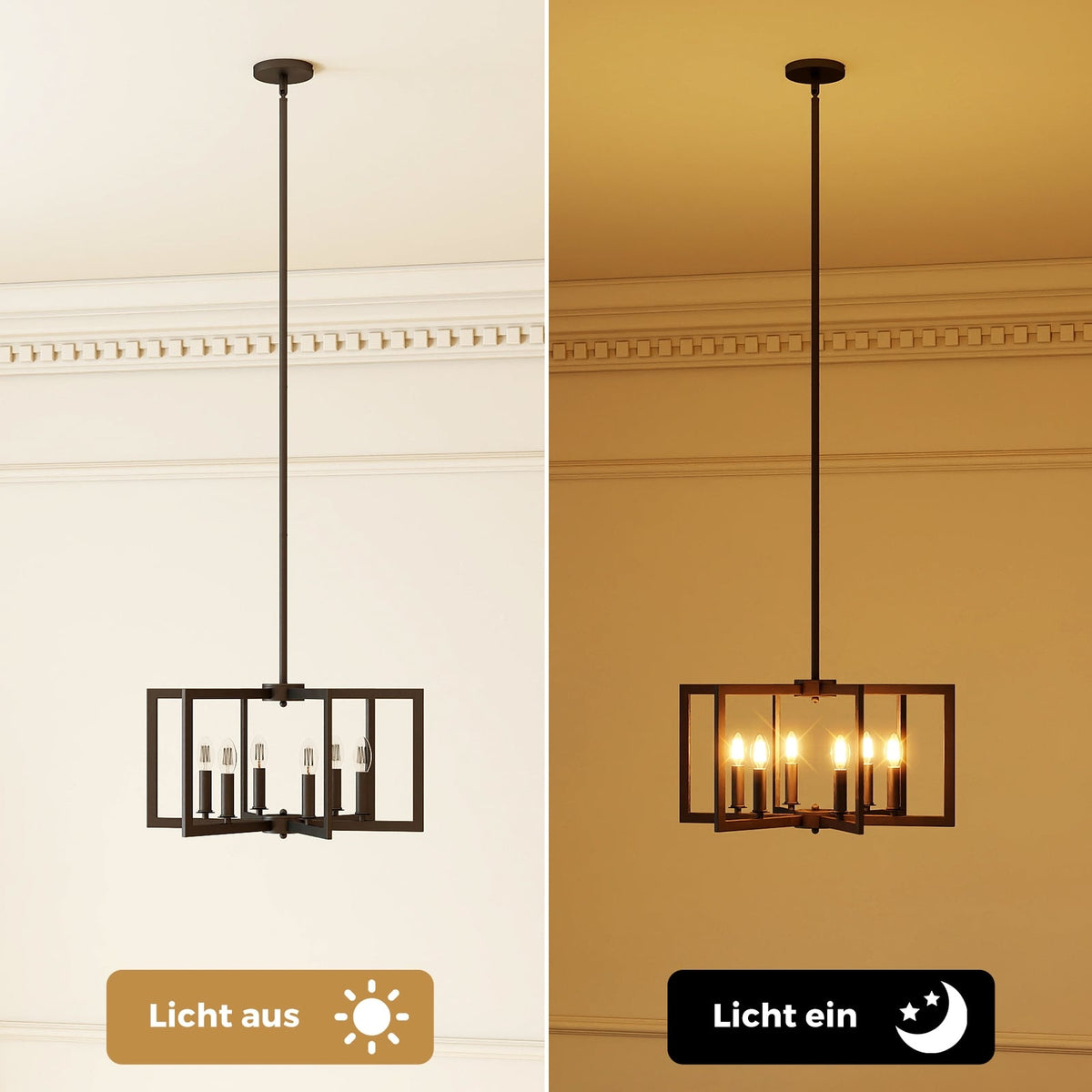 6-Light Industrial Chandelier, Adjustable Height, Black