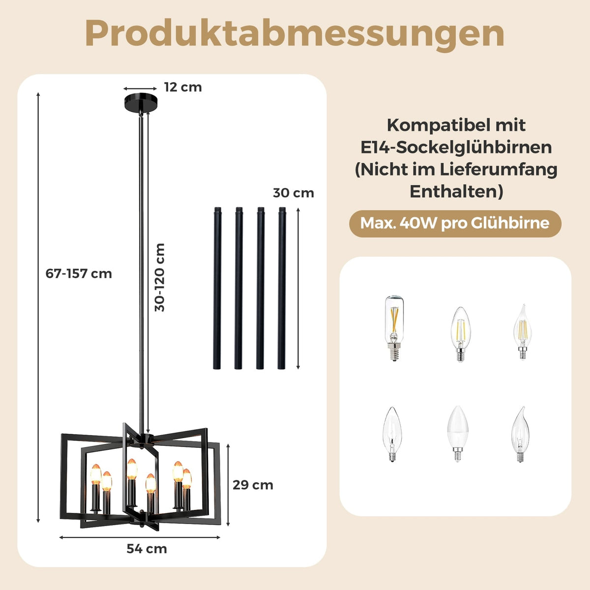 6-Light Industrial Chandelier, Adjustable Height, Black