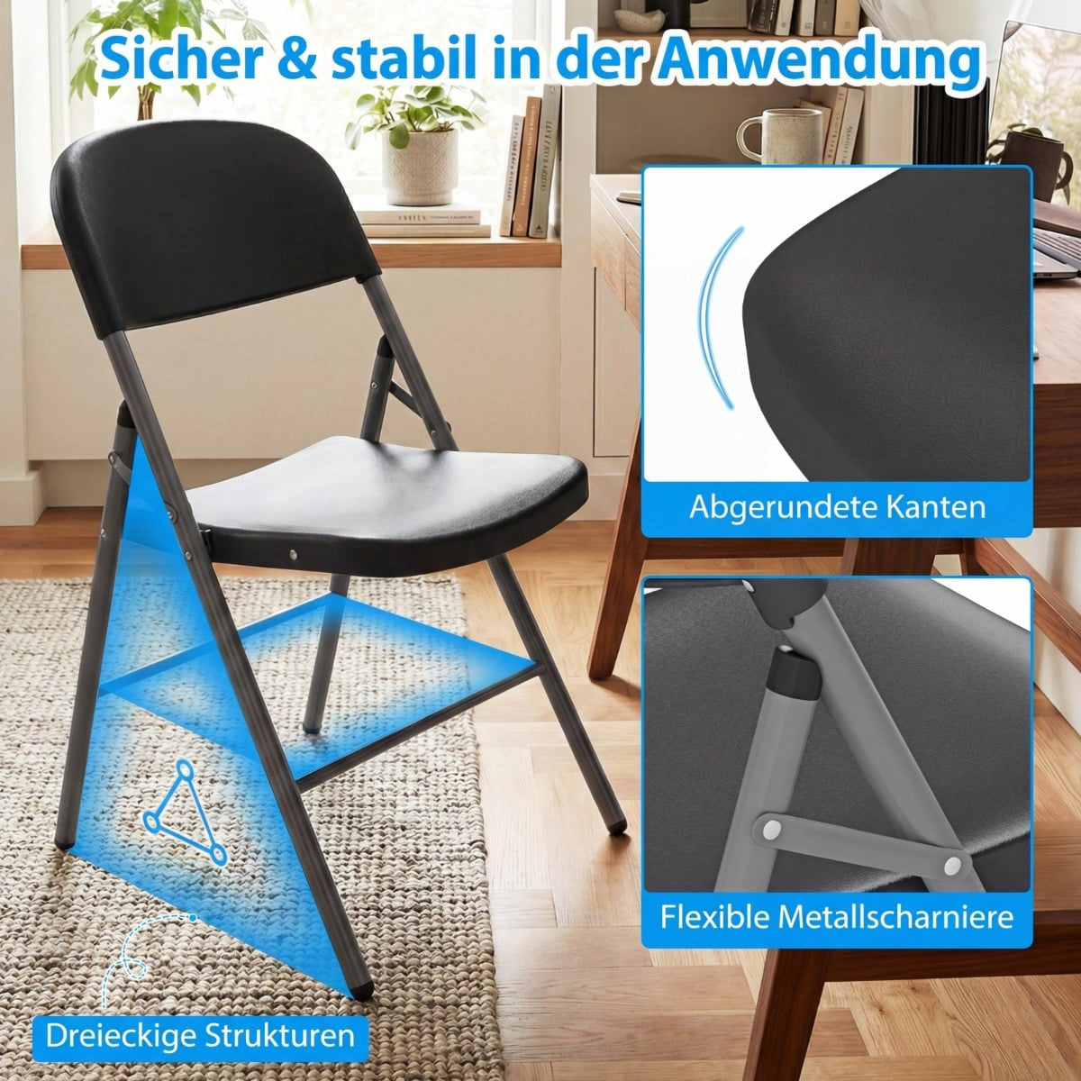 6-Pack Folding Chairs, Metal & Plastic, 150kg Capacity, Grey